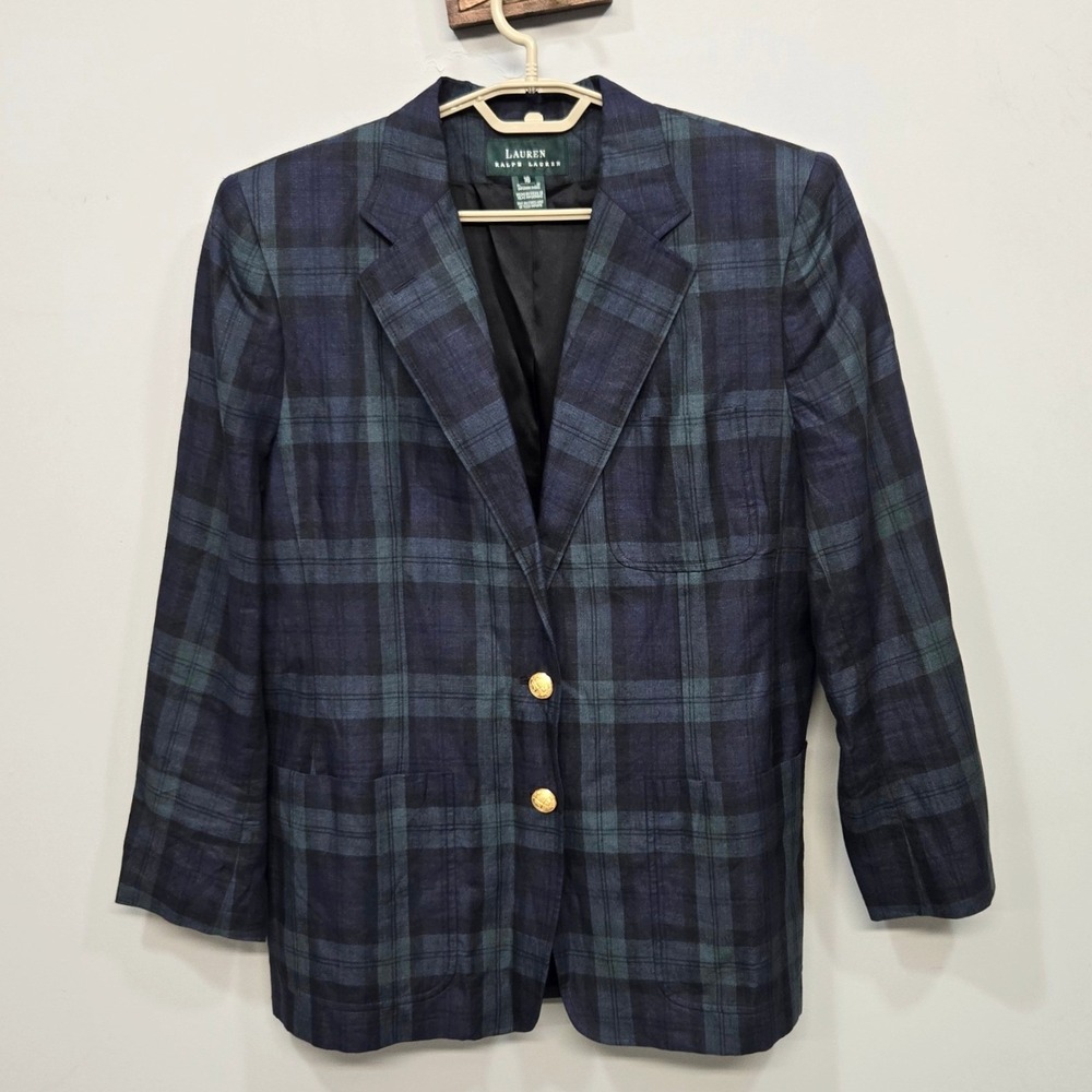 Lauren Ralph Lauren 100% Linen Blazer Plus Size 16 Vintage Y2K Black Watch Plaid